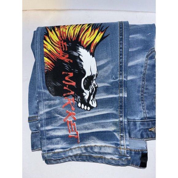 Mackeen Jeans Men 42x32 Nite Market  Button Fly Denim Skulls Flames Mohawk - Picture 1 of 13